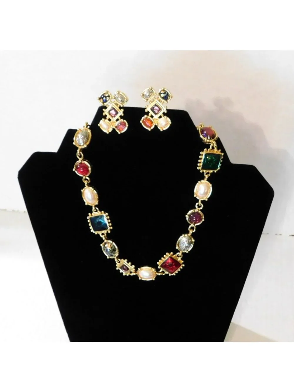 Premier Designs Signed Vintage 1990s Necklace Earrings Multicolor Set Gold-Plate